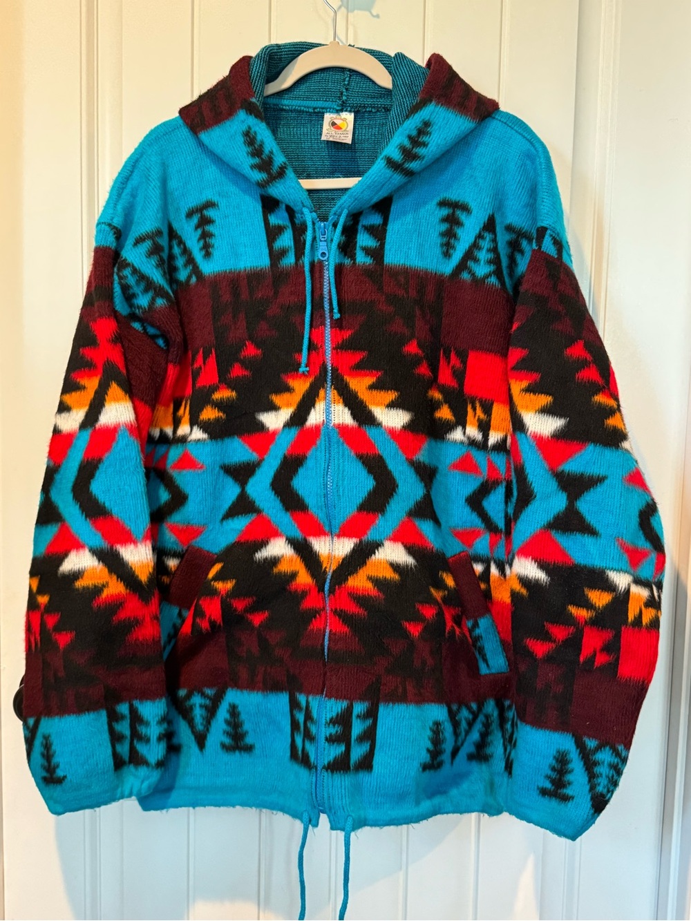 Vibrant Wool Turquoise Aztec Zip-Up Hooded Sweater Jacket XL